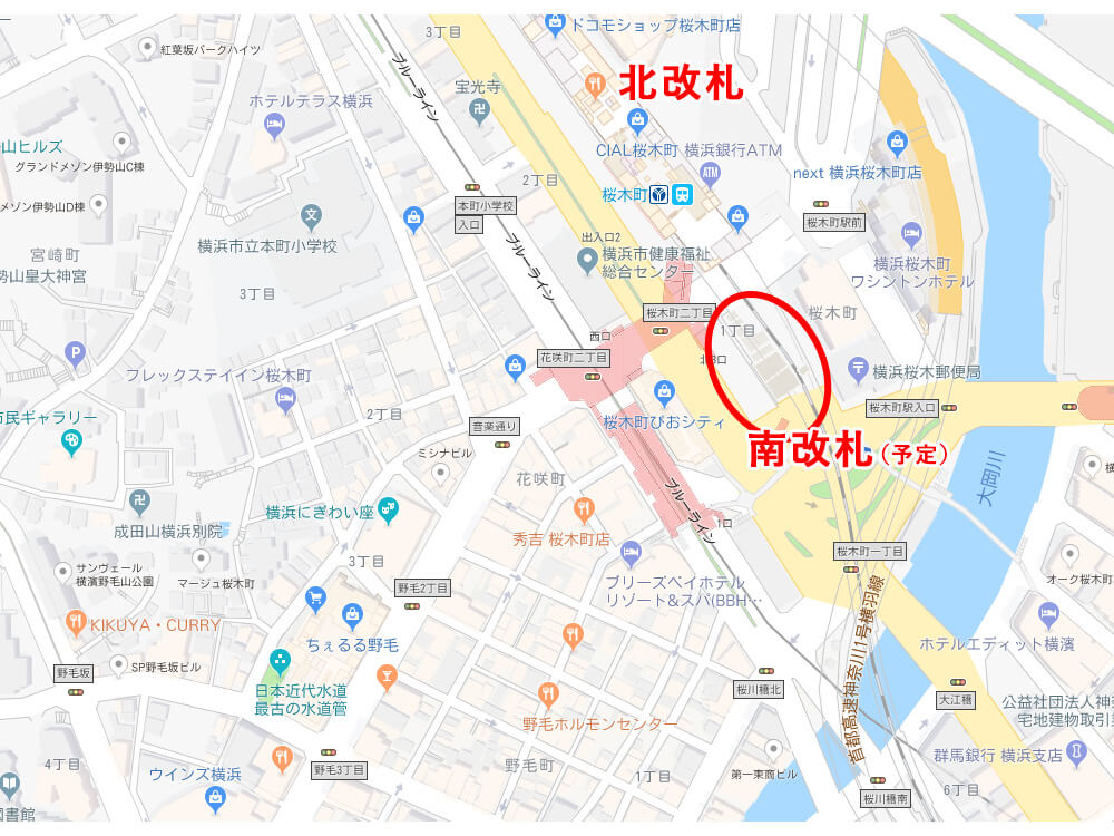 大体このあたり。上に行くとみなとみらい、左にいくと野毛