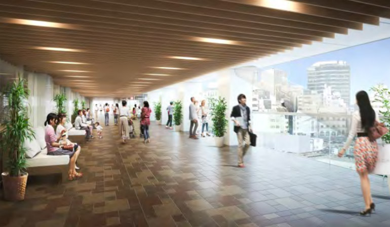 横浜駅西口の駅前棟から、鶴屋町棟へつながるペデストリアンデッキ