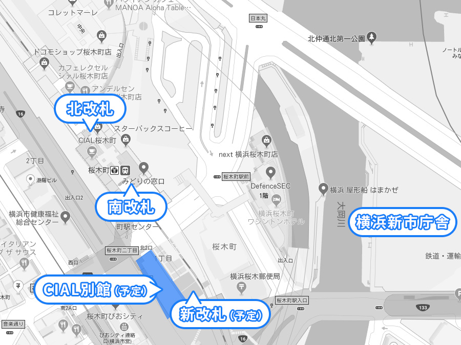 JR桜木町駅に新しく作られる改札とホテルのマップ