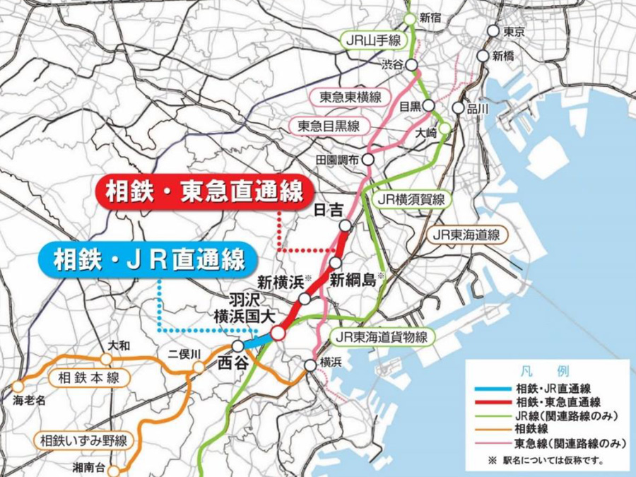 神奈川東部方面線（相鉄・JR直通線、相鉄・東急直通線）の路線図