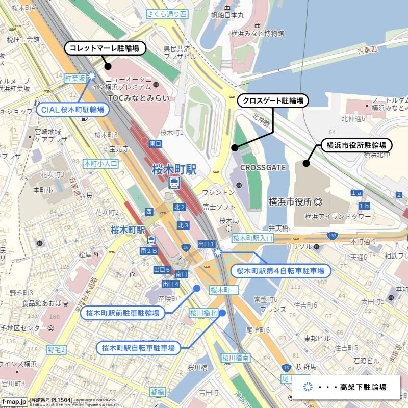 桜木町の自転車駐輪場マップ
