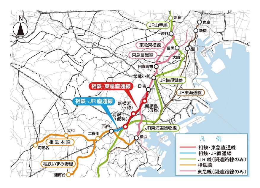 相鉄線西谷駅から東横線日吉駅までの「相鉄新横浜線」と「東急新横浜線」のイメージマップ