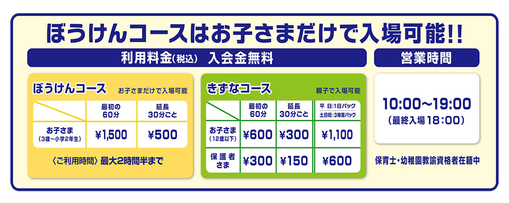 キッズーナプラス港北店の料金表