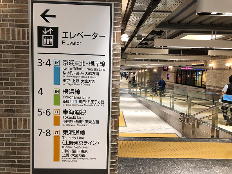 エキュートエディション横浜からJR線のホームを案内する看板