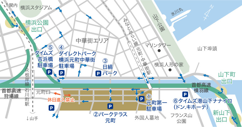 元町ショッピングストリートの駐車場マップ