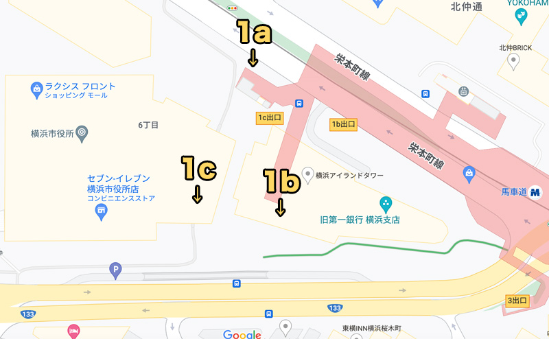 馬車道駅の出口マップ