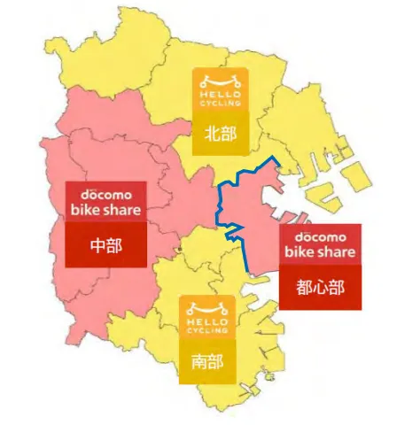 横浜市のシェアサイクリング事業の分布図